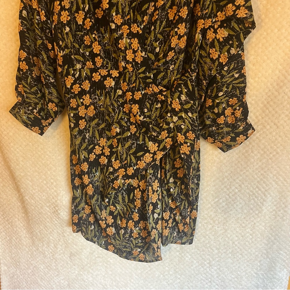 Entro Wrap Dress Floral Long Sleeve Dress Bishop Sleeves V Neck Black Green MED - Picture 7 of 7